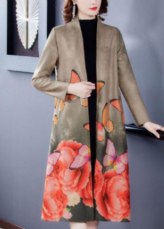 Kvinner Grå V-hals Butterfly Print Faux Suede Coats Langermet