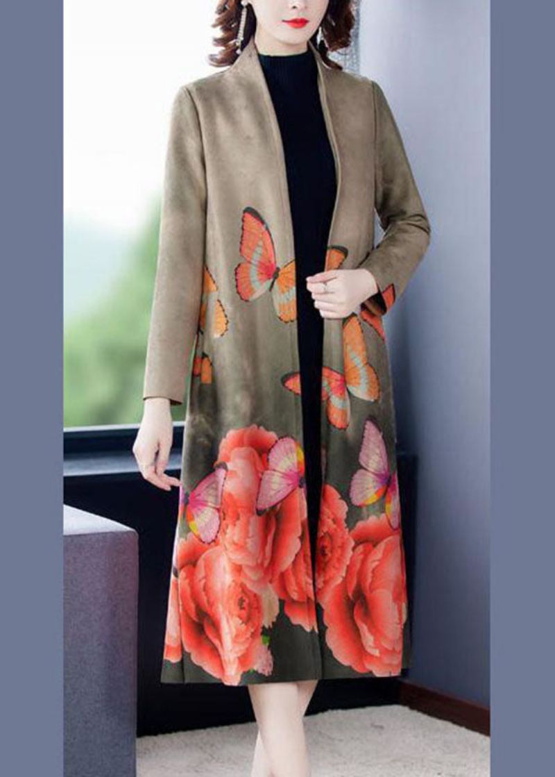 Kvinner Grå V-hals Butterfly Print Faux Suede Coats Langermet - Grå