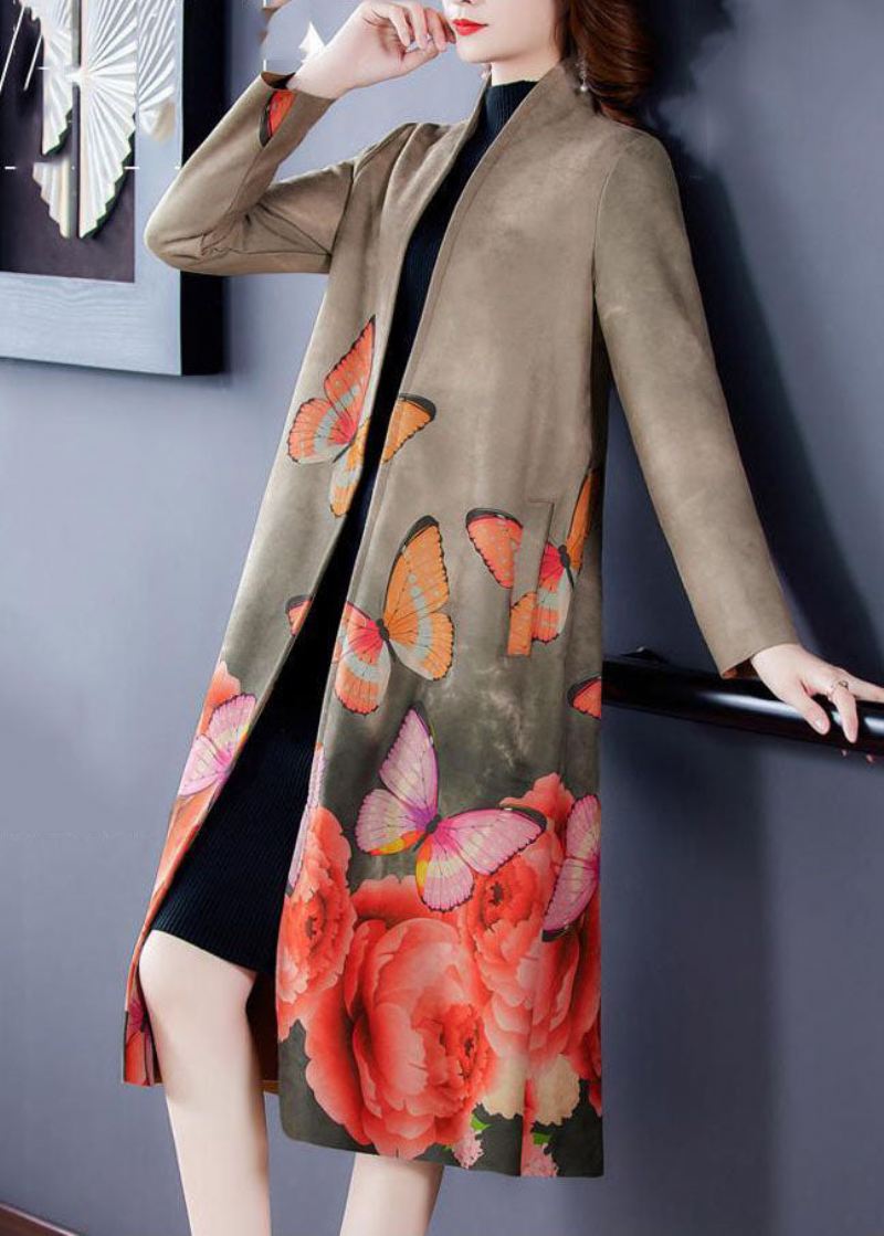 Kvinner Grå V-hals Butterfly Print Faux Suede Coats Langermet - Grå