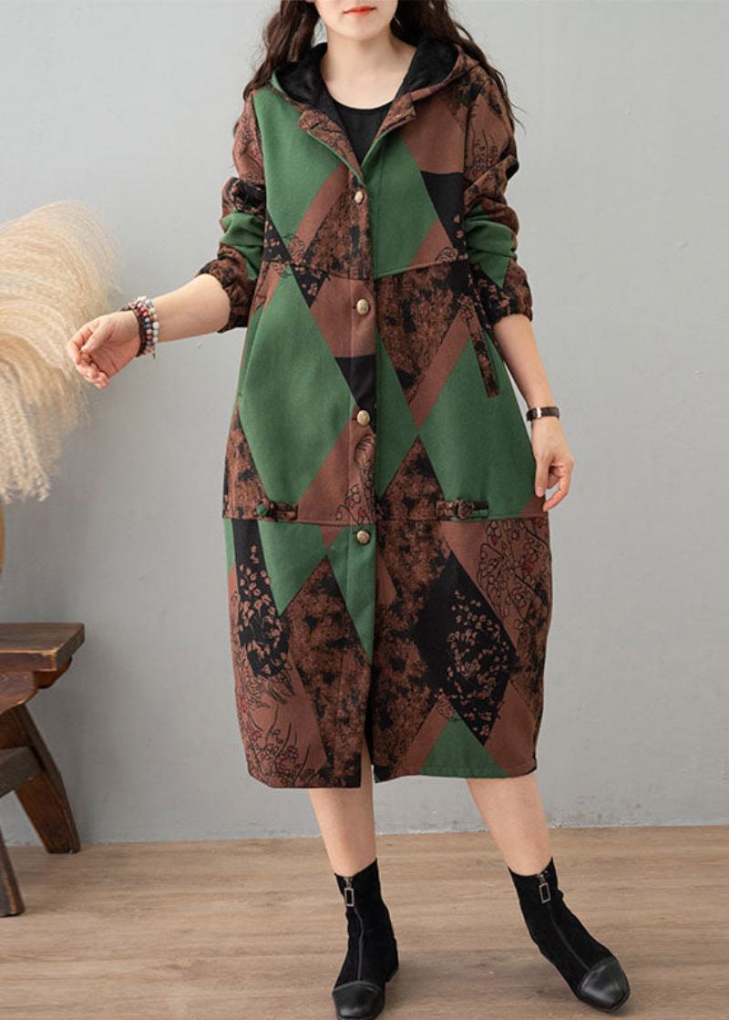 Kvinner Green Print Hette Patchwork Tykk Bomullsgrav Vinter - Trenchcoats for kvinner