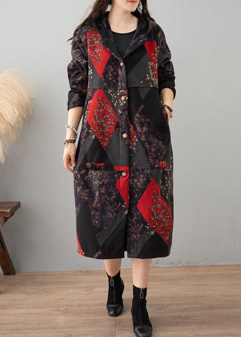 Kvinner Green Print Hette Patchwork Tykk Bomullsgrav Vinter - Trenchcoats for kvinner