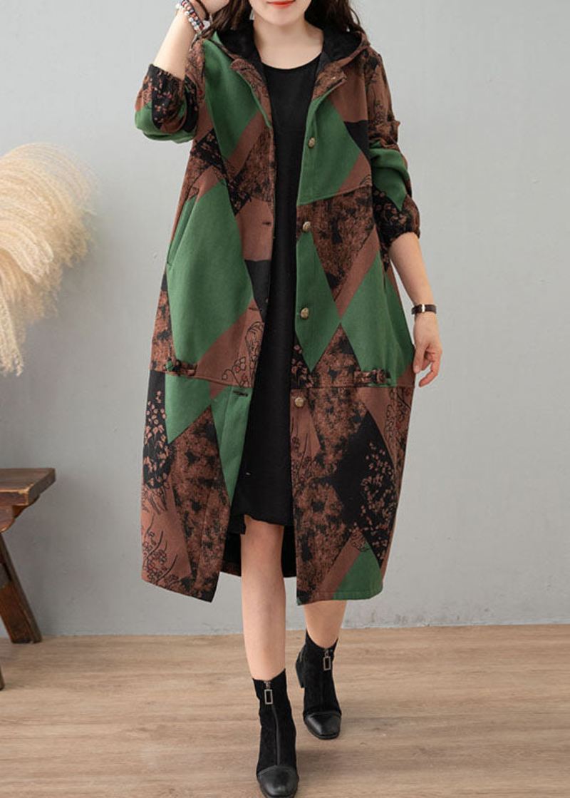 Kvinner Green Print Hette Patchwork Tykk Bomullsgrav Vinter - Trenchcoats for kvinner