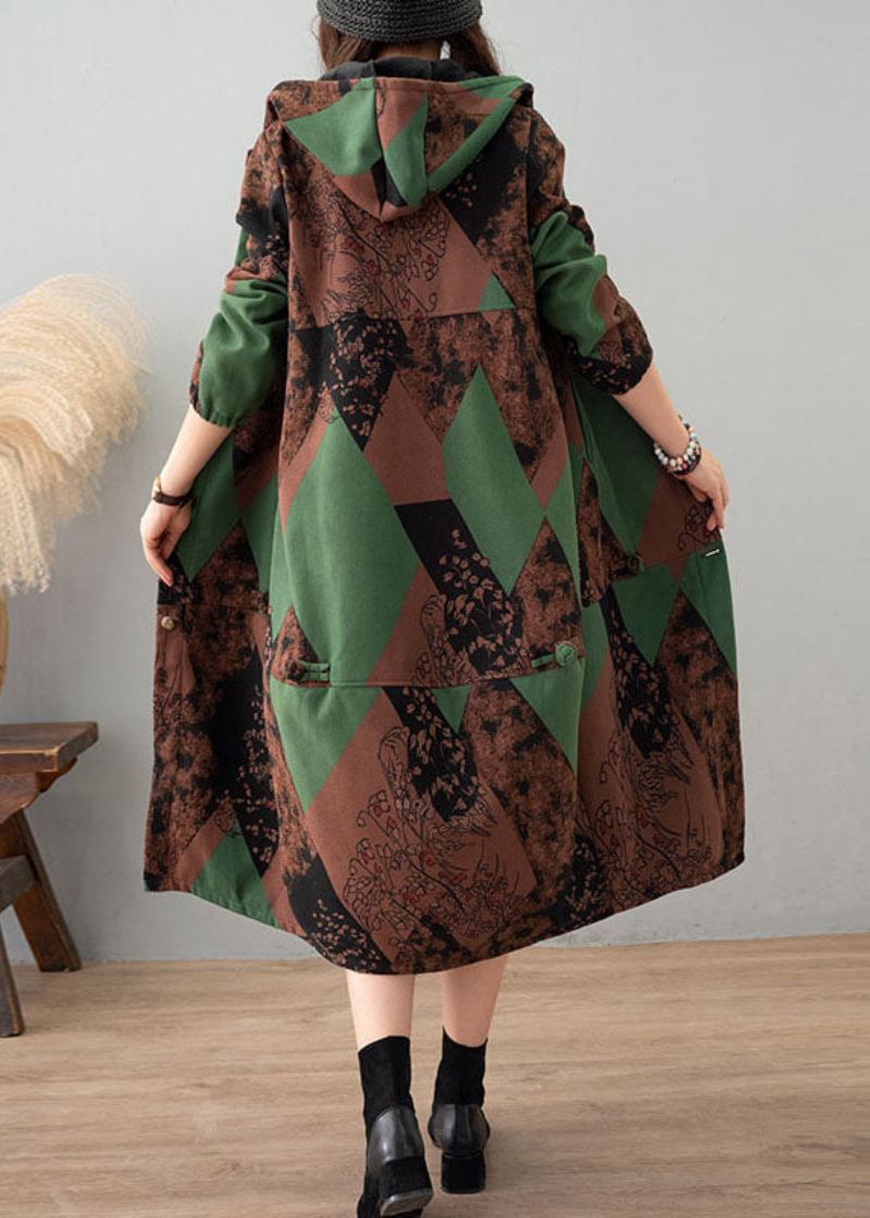 Kvinner Green Print Hette Patchwork Tykk Bomullsgrav Vinter - Trenchcoats for kvinner