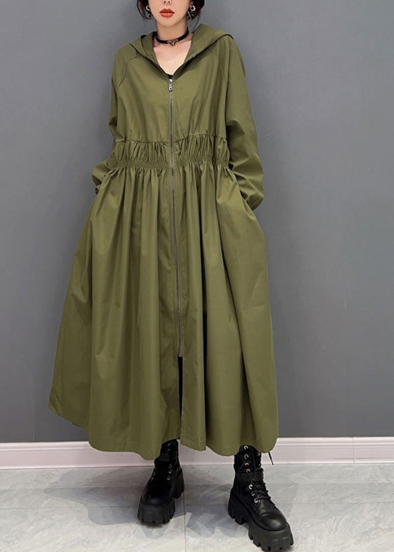 Kvinner Grønn Glidelås Rynket Hette Lang Trench Coats Spring