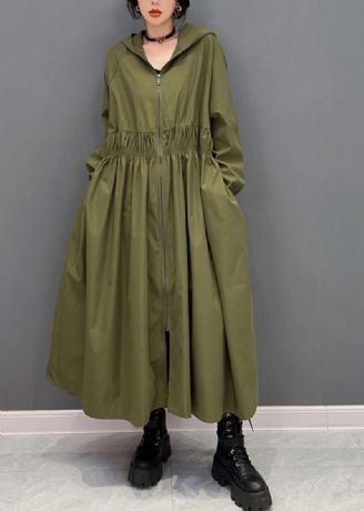 Kvinner Grønn Glidelås Rynket Hette Lang Trench Coats Spring