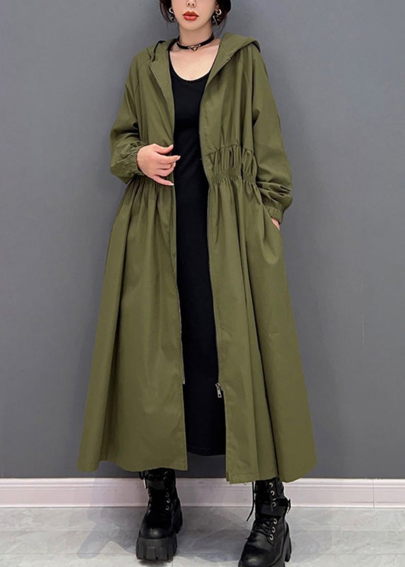 Kvinner Grønn Glidelås Rynket Hette Lang Trench Coats Spring - Trenchcoats for kvinner