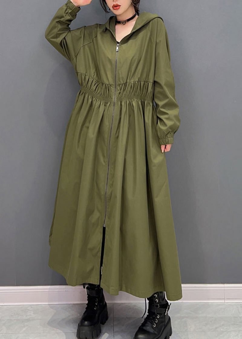 Kvinner Grønn Glidelås Rynket Hette Lang Trench Coats Spring - Trenchcoats for kvinner