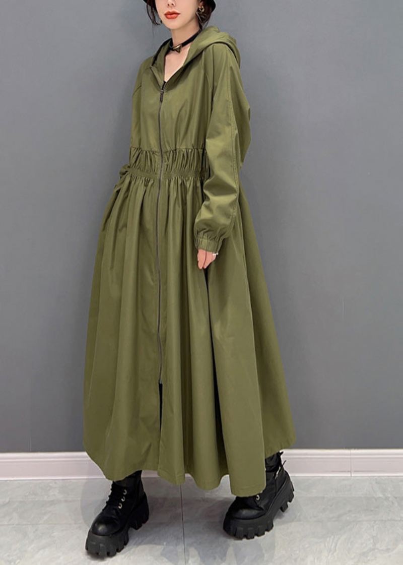 Kvinner Grønn Glidelås Rynket Hette Lang Trench Coats Spring - Trenchcoats for kvinner