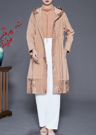 Kvinner Khaki Brodert Patchwork Cinched Spandex Trench Fall