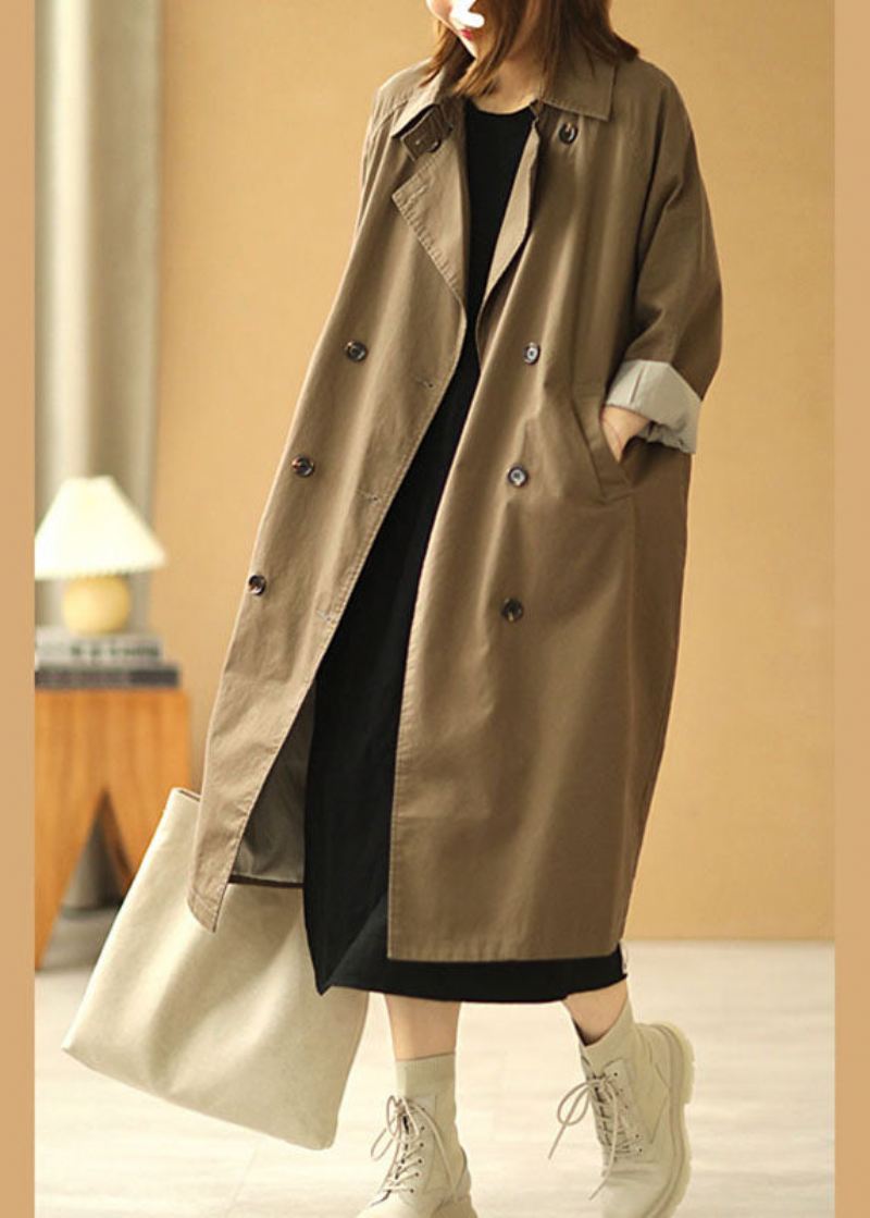 Kvinner Khaki Peterpan Krage Lommer Knapp Fall Langermet Trench - Trenchcoats for kvinner