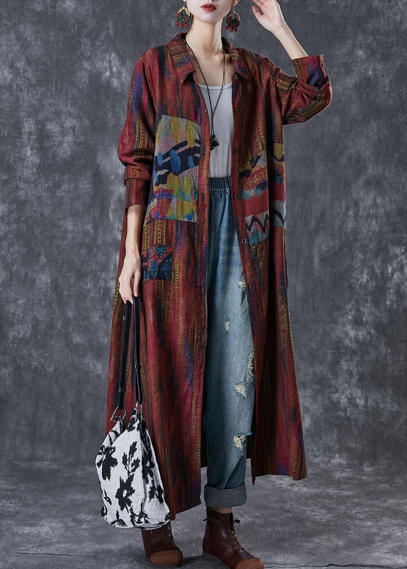 Kvinner Kjedelig Rød Oversized Print Lin Trench Spring - Trenchcoats for kvinner