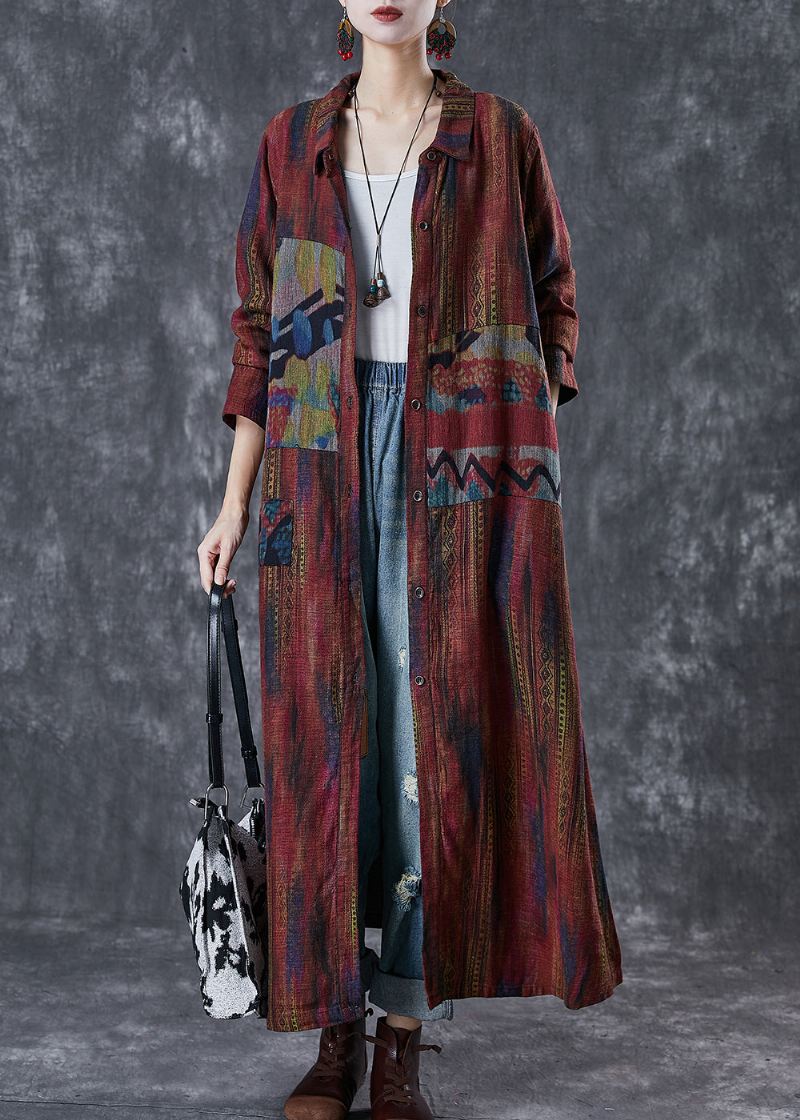 Kvinner Kjedelig Rød Oversized Print Lin Trench Spring - Trenchcoats for kvinner