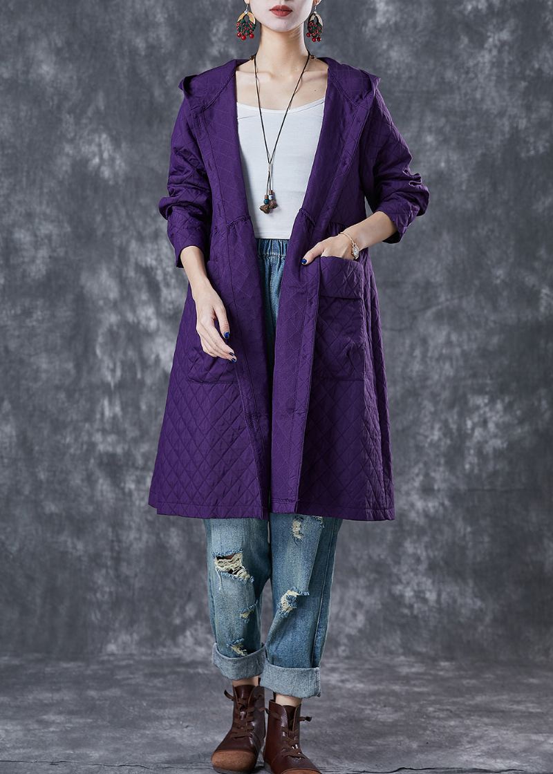 Kvinner Lilla Hettelommer Bomull Tench Coats Fall - Trenchcoats for kvinner