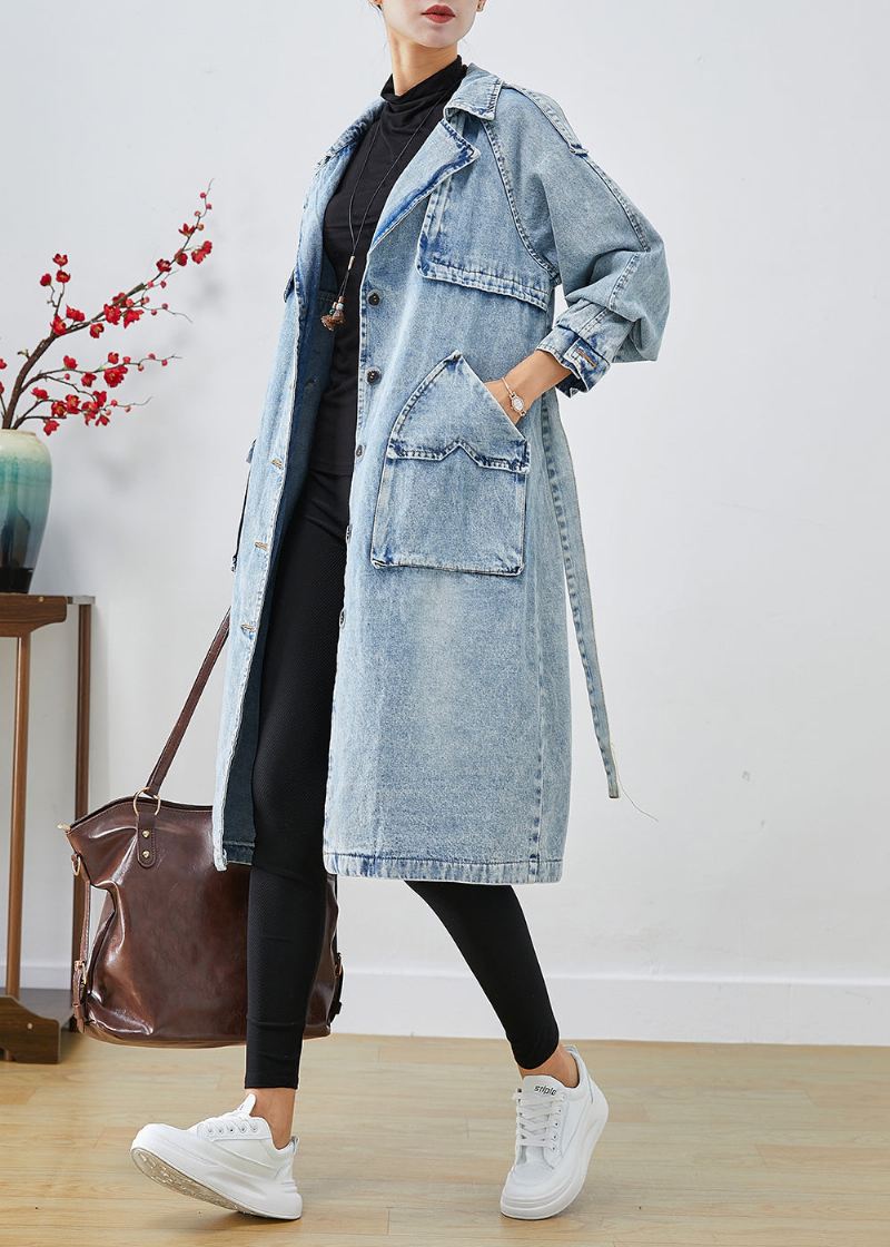 Kvinner Lyseblå Lapel Patchwork Denim Trench Coats Høst