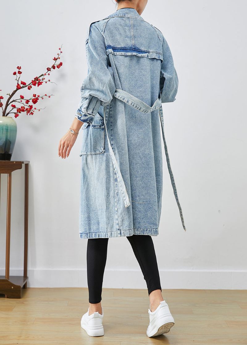 Kvinner Lyseblå Lapel Patchwork Denim Trench Coats Høst - Trenchcoats for kvinner