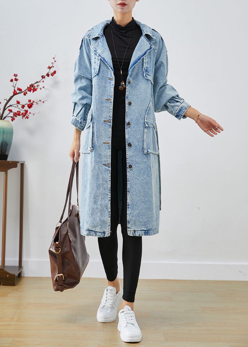 Kvinner Lyseblå Lapel Patchwork Denim Trench Coats Høst - Trenchcoats for kvinner