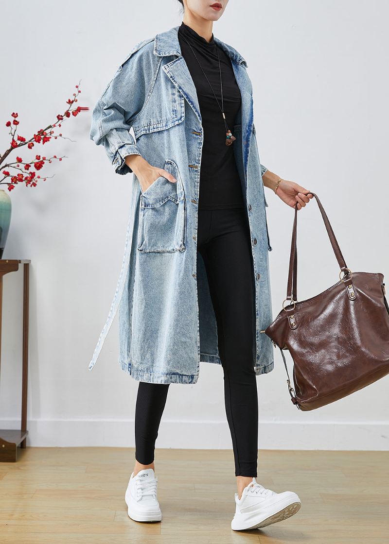 Kvinner Lyseblå Lapel Patchwork Denim Trench Coats Høst - Trenchcoats for kvinner