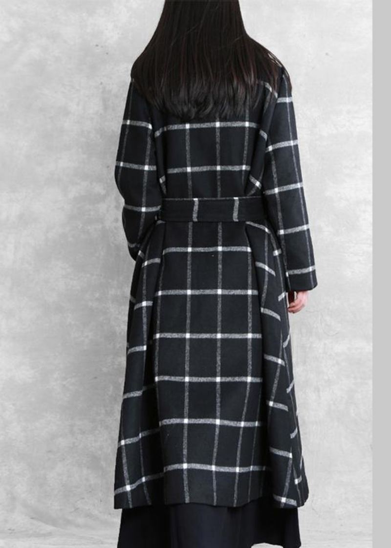 Kvinner Plus Size Lange Kåper Ull Yttertøy Svart Rutete Hakk Slips Midje Ullovertrekk - Trenchcoats for kvinner