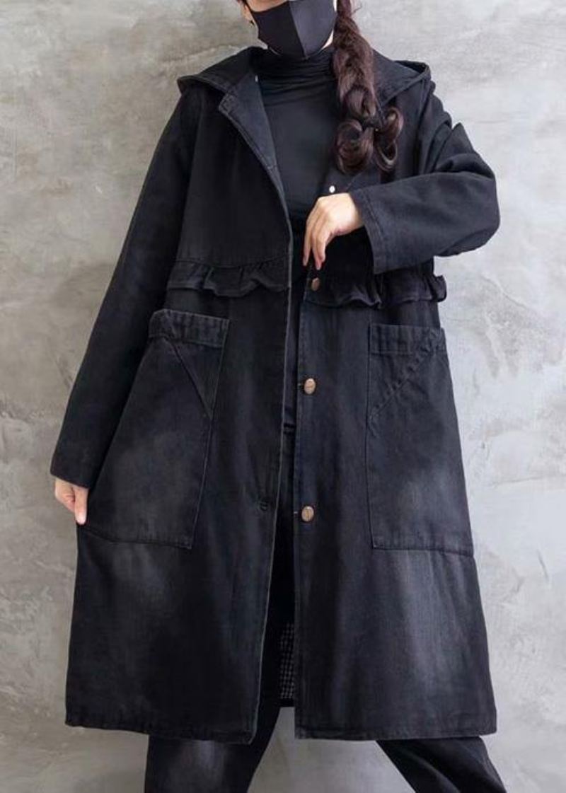 Kvinner Plus Size Overfrakk Denim Svart Hette Ruffles Yttertøy - Trenchcoats for kvinner