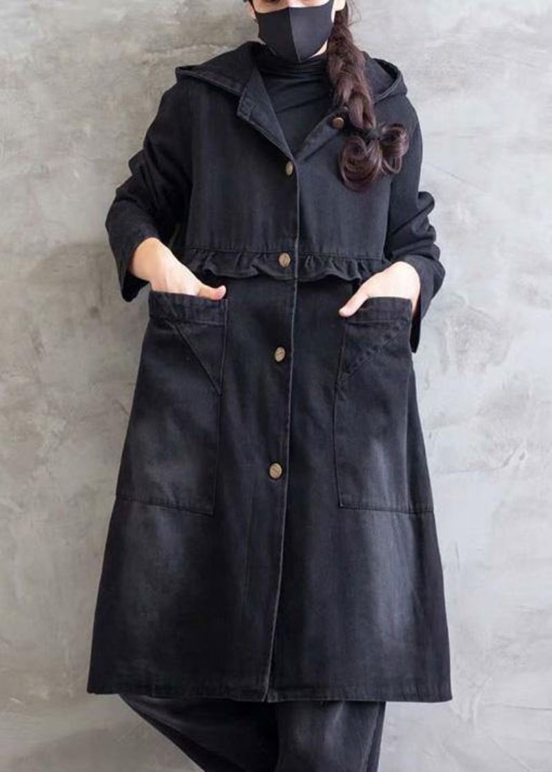 Kvinner Plus Size Overfrakk Denim Svart Hette Ruffles Yttertøy - Trenchcoats for kvinner