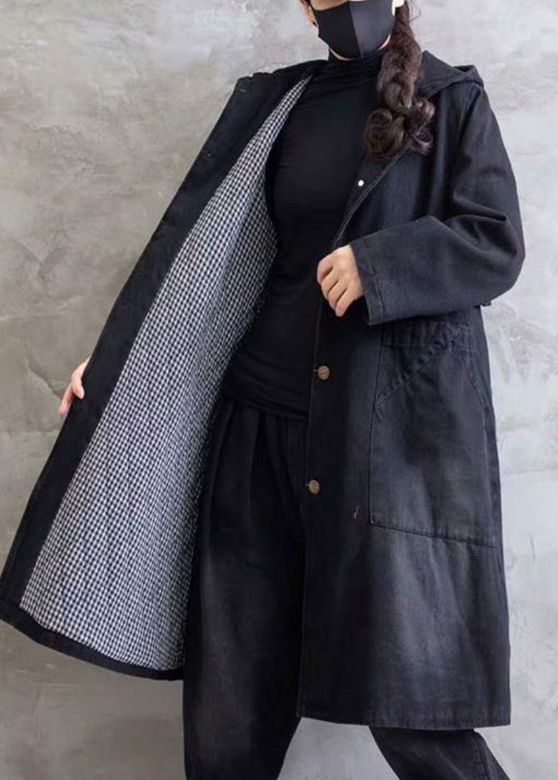 Kvinner Plus Size Overfrakk Denim Svart Hette Ruffles Yttertøy - Trenchcoats for kvinner