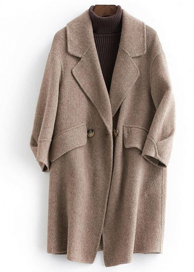 Kvinner Pluss Størrelse Lommer Outwear Khaki Notched Woolen Coat