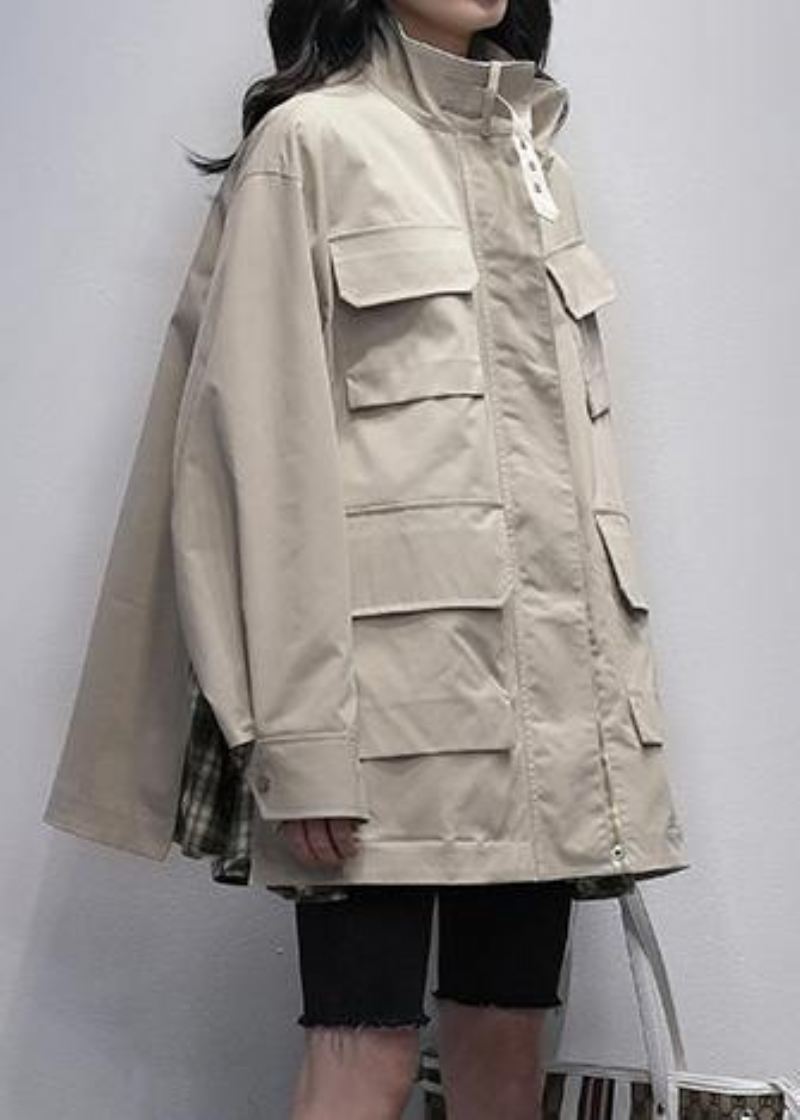 Kvinner Står Krage Lommer Casual Kåper Khaki Patchwork Rutete Jakker - Trenchcoats for kvinner