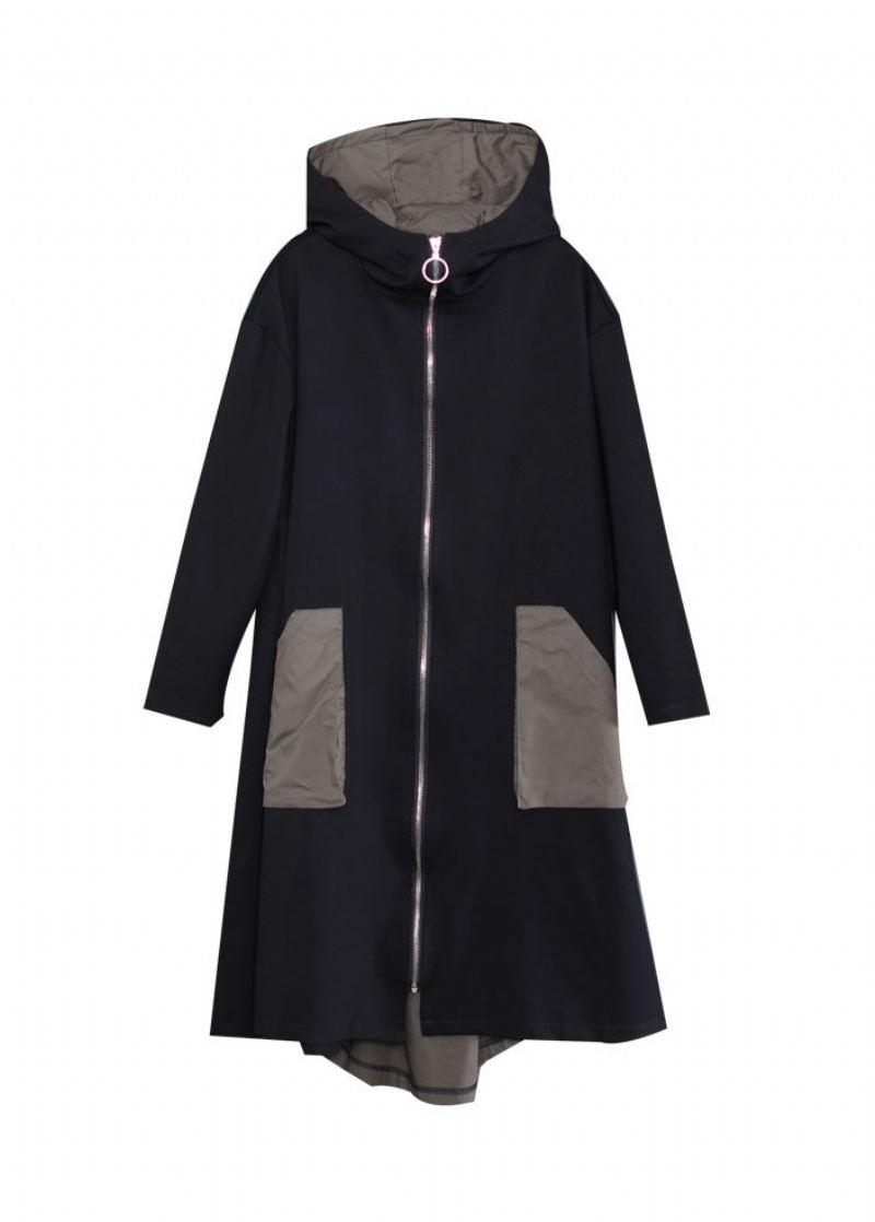 Kvinner Svart Hette Med Glidelås Lommer Patchwork Cotton Trench Coats Outwear Høst - Trenchcoats for kvinner