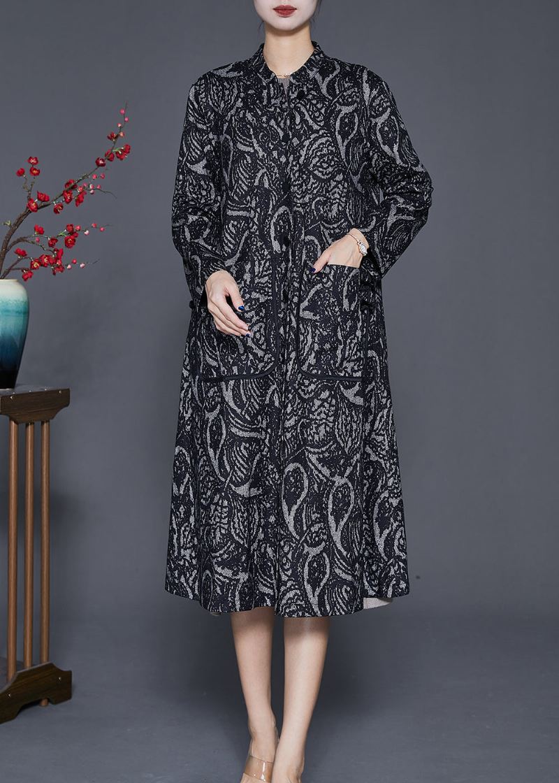 Kvinner Svart Oversized Print Cotton Trench Coats Høst - Trenchcoats for kvinner