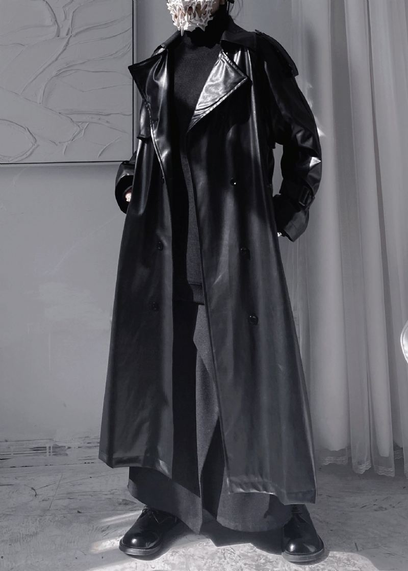 Kvinner Svart Peter Pan Colla Patchwork Sashes Faux Leather Long Trench Coats Langermet