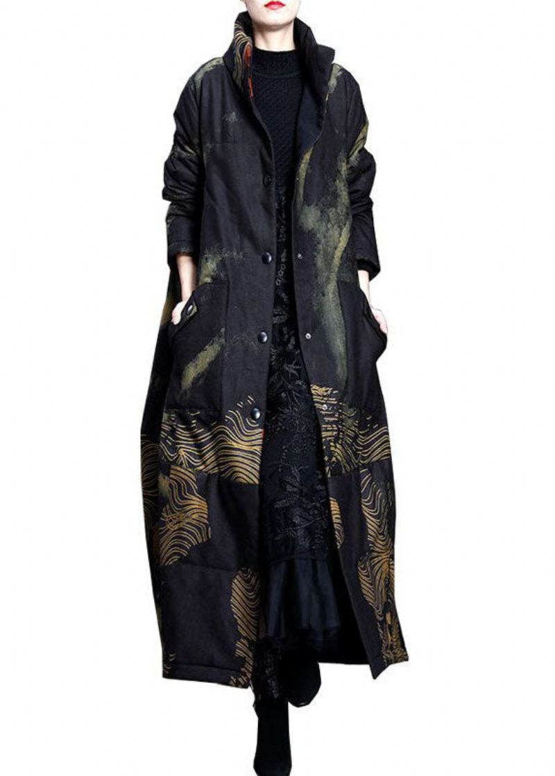 Kvinner Svart Stativ Krage Lommer Print Fine Bomull Fylt Trench Coat Spring - Trenchcoats for kvinner