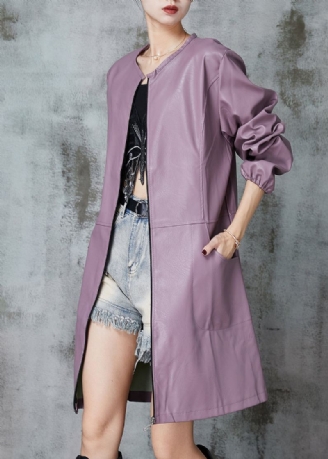 Lilla Patchwork Faux Leather Trench O-neck Spring