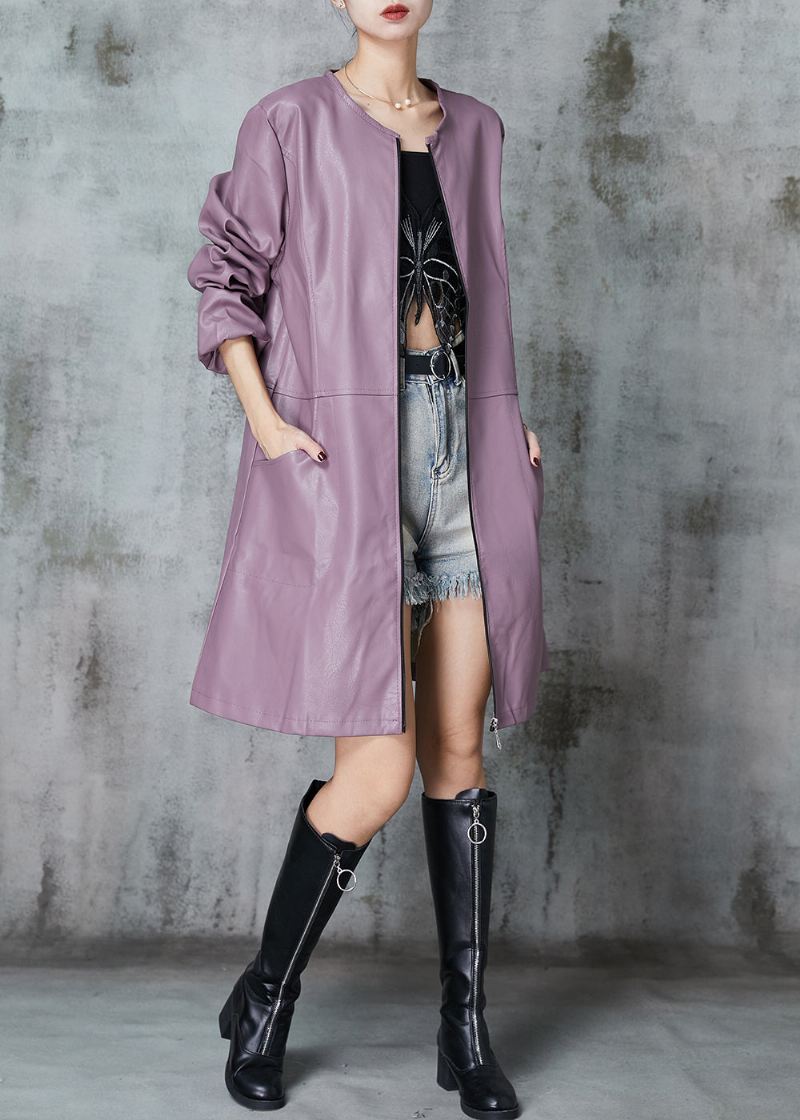 Lilla Patchwork Faux Leather Trench O-neck Spring - Trenchcoats for kvinner