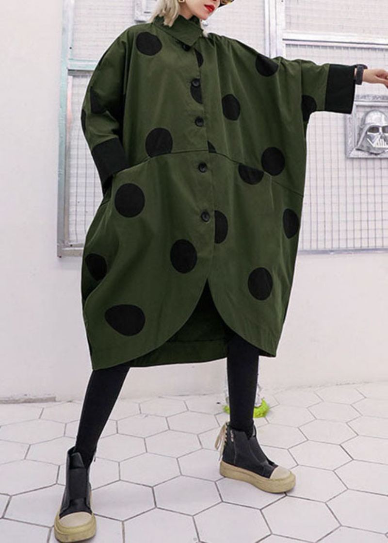 Løs Army Grønn Asymmetrisk Design Peter Pan Krage Prikkprint Trenchcoats Spring