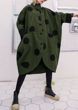 Løs Army Grønn Asymmetrisk Design Peter Pan Krage Prikkprint Trenchcoats Spring