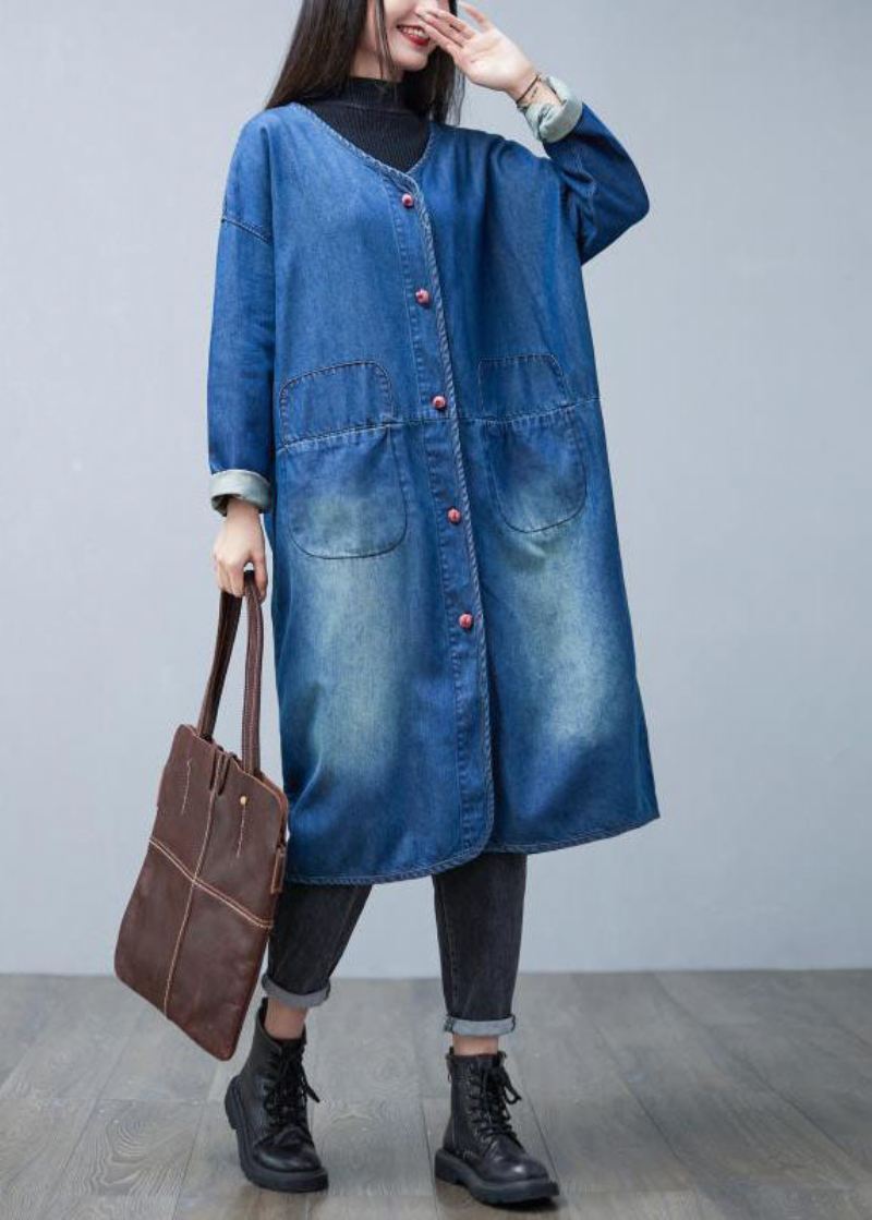 Løs Denim Blå V-hals Patchwork Lommer Bomull Trench Coats Spring