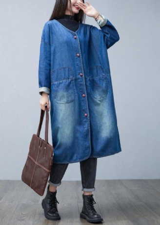 Løs Denim Blå V-hals Patchwork Lommer Bomull Trench Coats Spring