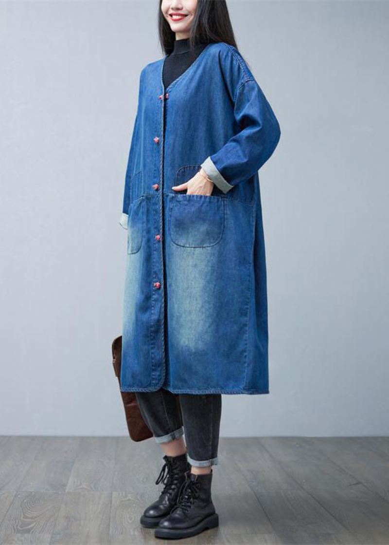 Løs Denim Blå V-hals Patchwork Lommer Bomull Trench Coats Spring - Trenchcoats for kvinner