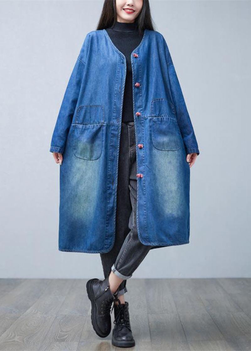 Løs Denim Blå V-hals Patchwork Lommer Bomull Trench Coats Spring - Trenchcoats for kvinner