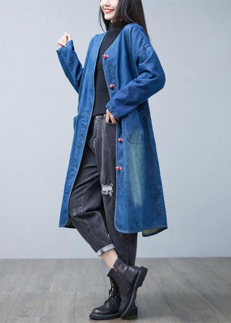 Løs Denim Blå V-hals Patchwork Lommer Bomull Trench Coats Spring - Trenchcoats for kvinner