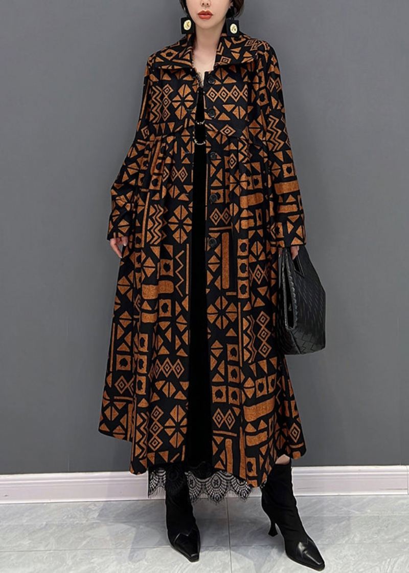 Løs Oransje Peter Pan Krage Print Button Trench Coats Fall