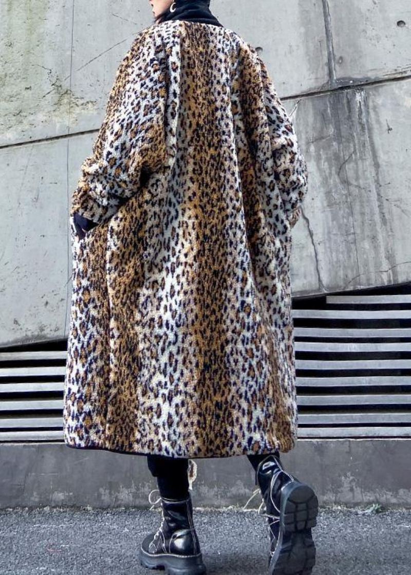 Løs Square Collar Fine Høstkåper Med Glidelås Dame Leopardkåper - Trenchcoats for kvinner