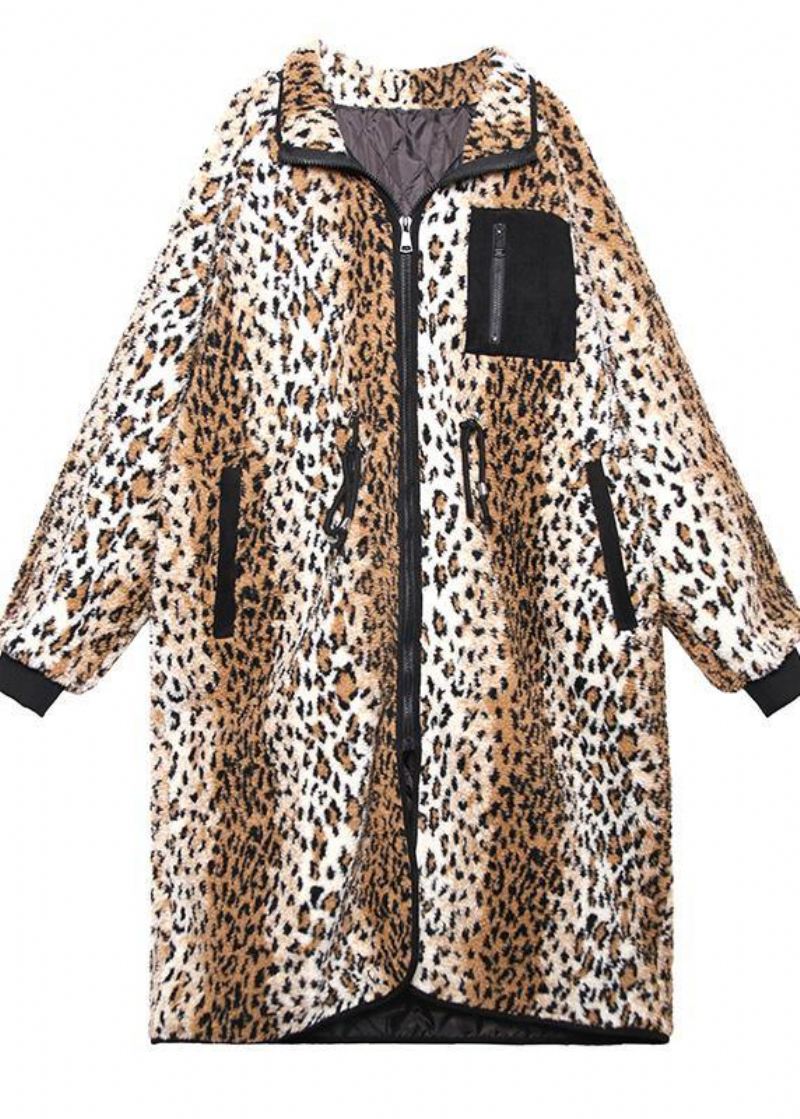 Løs Square Collar Fine Høstkåper Med Glidelås Dame Leopardkåper - Trenchcoats for kvinner