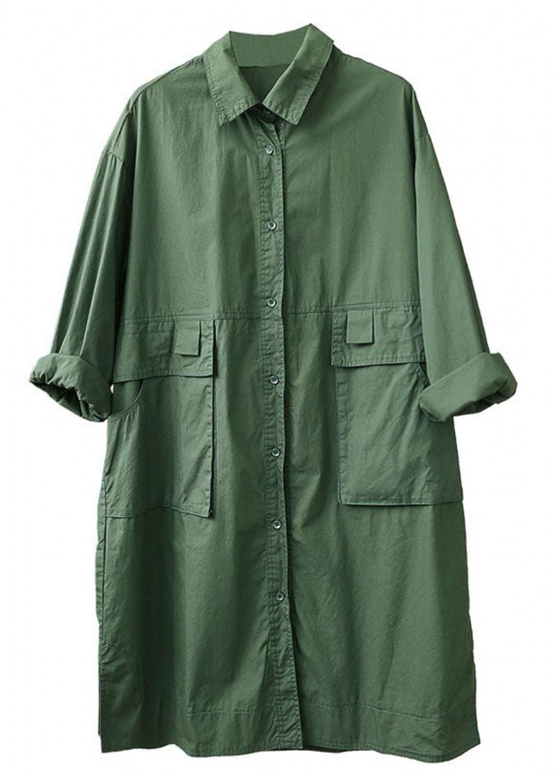 Løs Te Grønn Peter Pan Krage Knapplommer Fall Langermet Trench Coat - Trenchcoats for kvinner