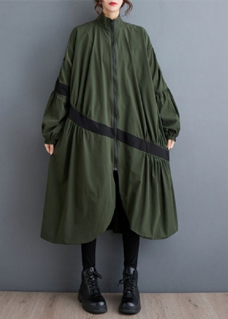 Løse Army Green Zip Up Rynket Lommer Patchwork Trench Fall