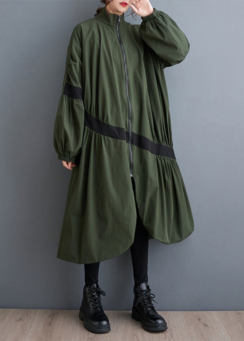 Løse Army Green Zip Up Rynket Lommer Patchwork Trench Fall - Trenchcoats for kvinner