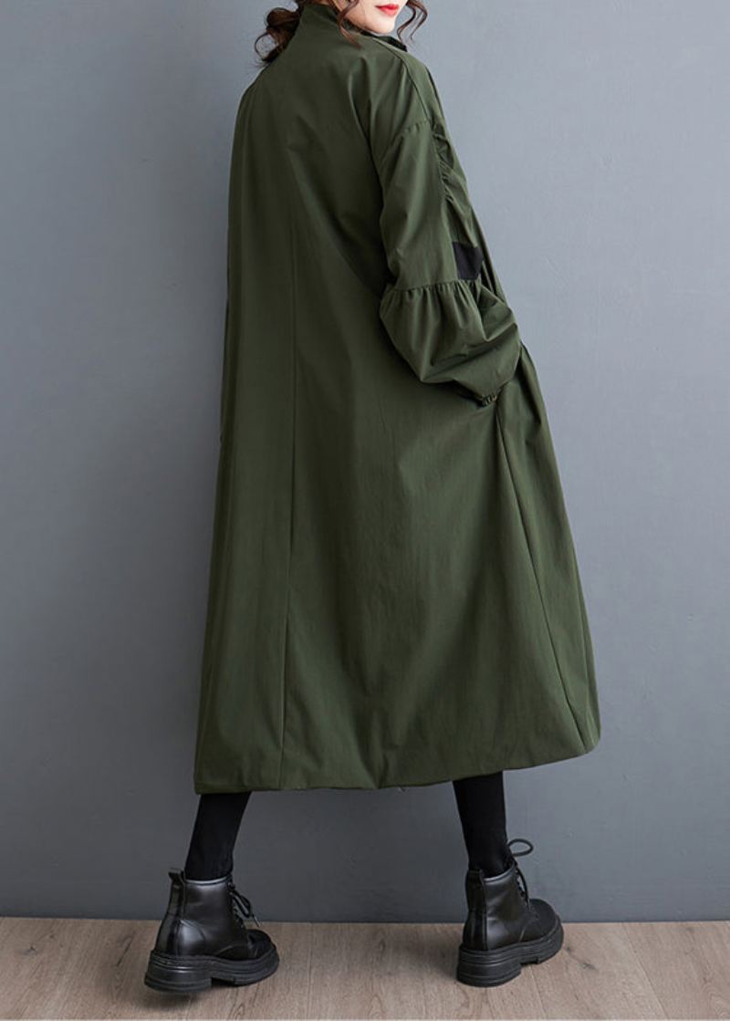 Løse Army Green Zip Up Rynket Lommer Patchwork Trench Fall - Trenchcoats for kvinner