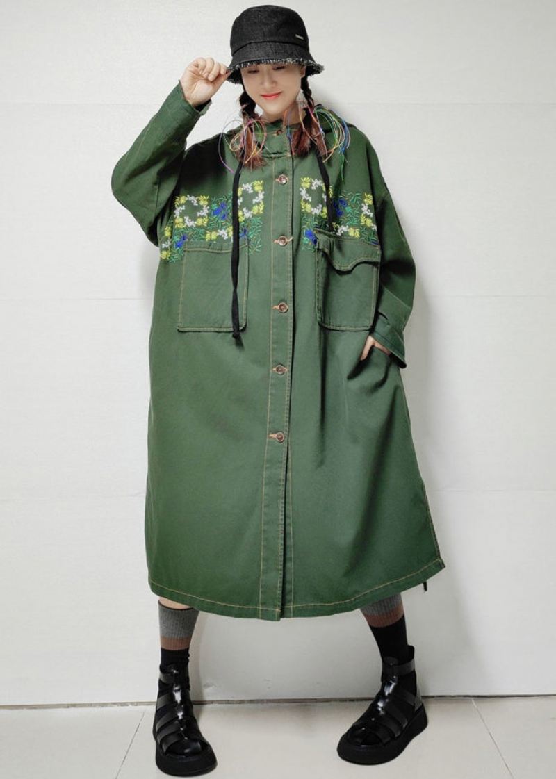 Løse Army Grønne Hettelommer Denim Lang Trench Coat Fall