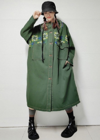 Løse Army Grønne Hettelommer Denim Lang Trench Coat Fall