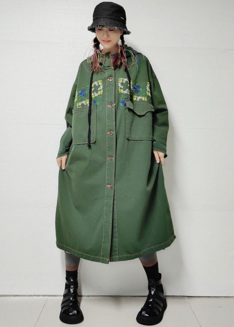 Løse Army Grønne Hettelommer Denim Lang Trench Coat Fall - Trenchcoats for kvinner